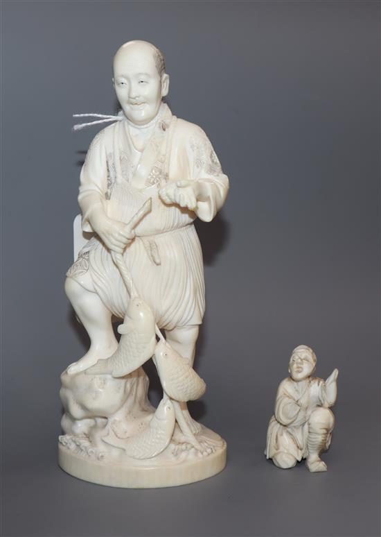 A Japanese Meiji period carved ivory okimono of a fisherman, signed and a small carving of a mendicant (a.f)